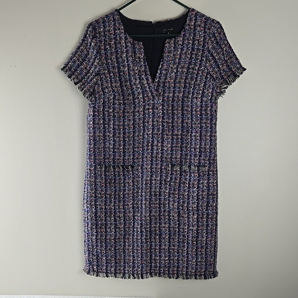 Ann Taylor Womens Multi Color Tweed Shift Dress Frayed Trim Notched VNeck Size 6